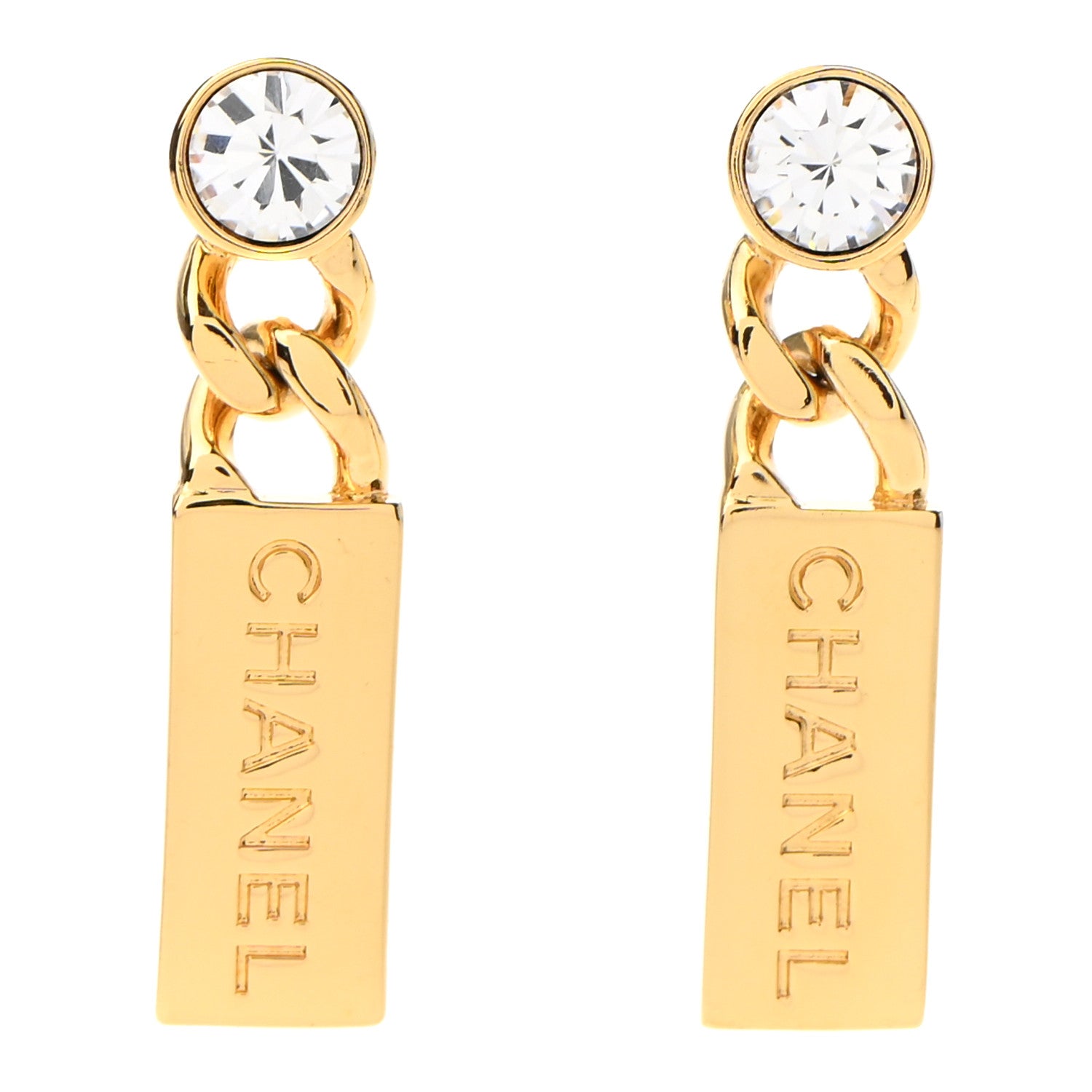 Chanel Crystal Tag Drop Earrings Gold 1 of 5