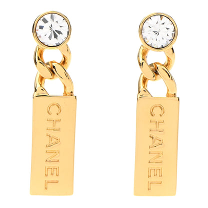 Chanel Crystal Tag Drop Earrings Gold 1 of 5