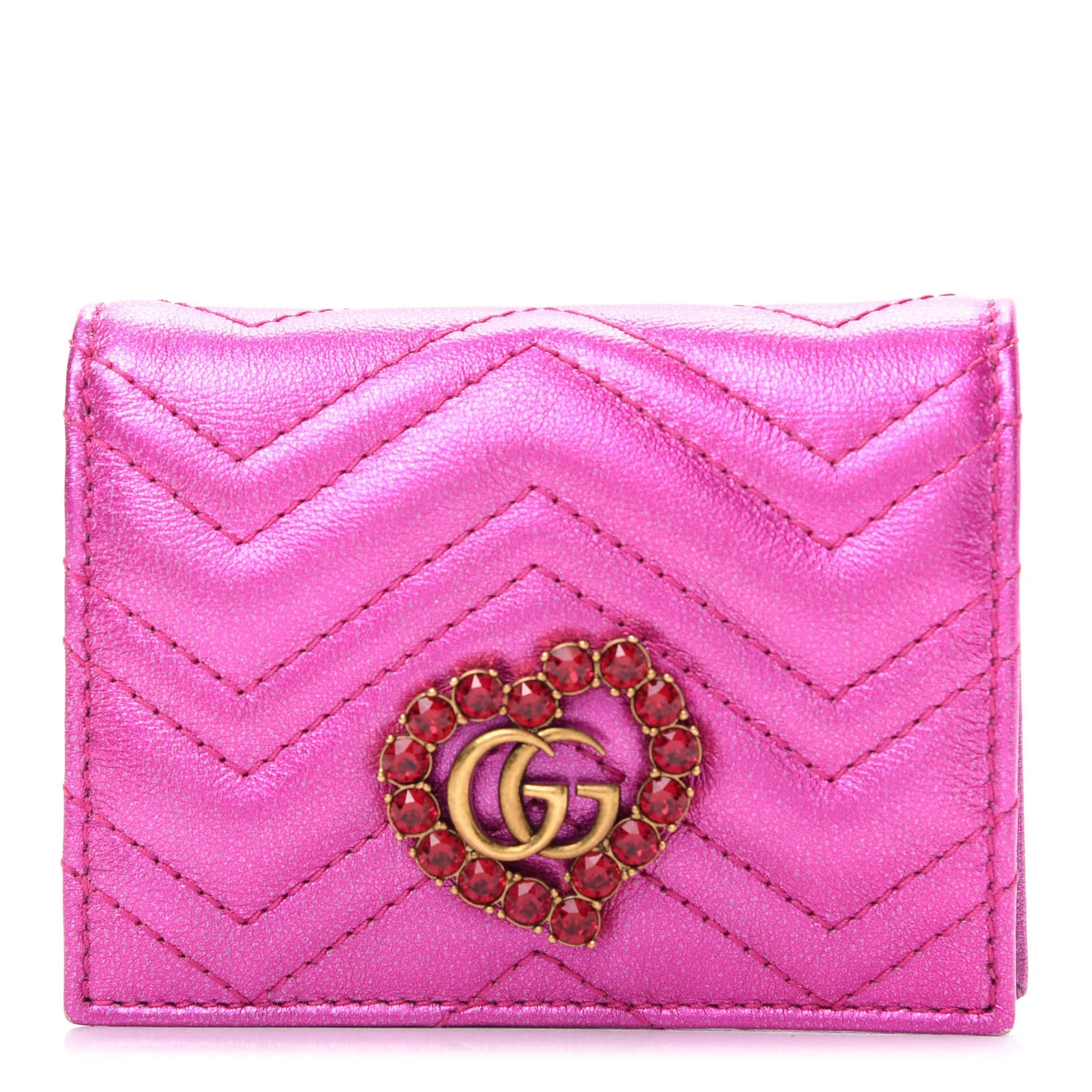 Metallic Calfskin Matelasse Crystal GG Marmont Wallet Fuchsia