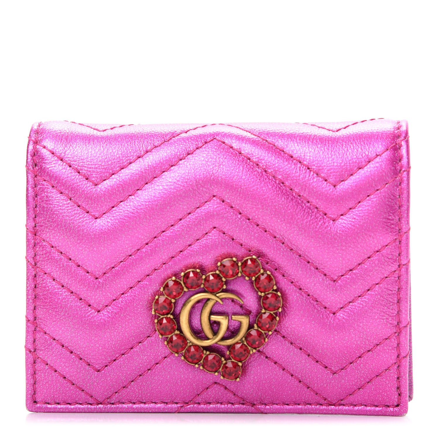 Gucci Metallic Calfskin Matelasse Crystal GG Marmont Wallet Fuchsia 1 of 7