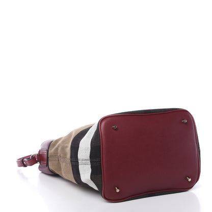 Burberry Grainy Calfskin Canvas Mega Check Medium Ashby Tassel Hobo Burgundy Red 5 of 13