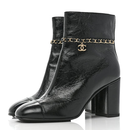 Chanel Crumpled Calfskin Cap Toe Chain Short Boots 38.5 Black 3 of 7