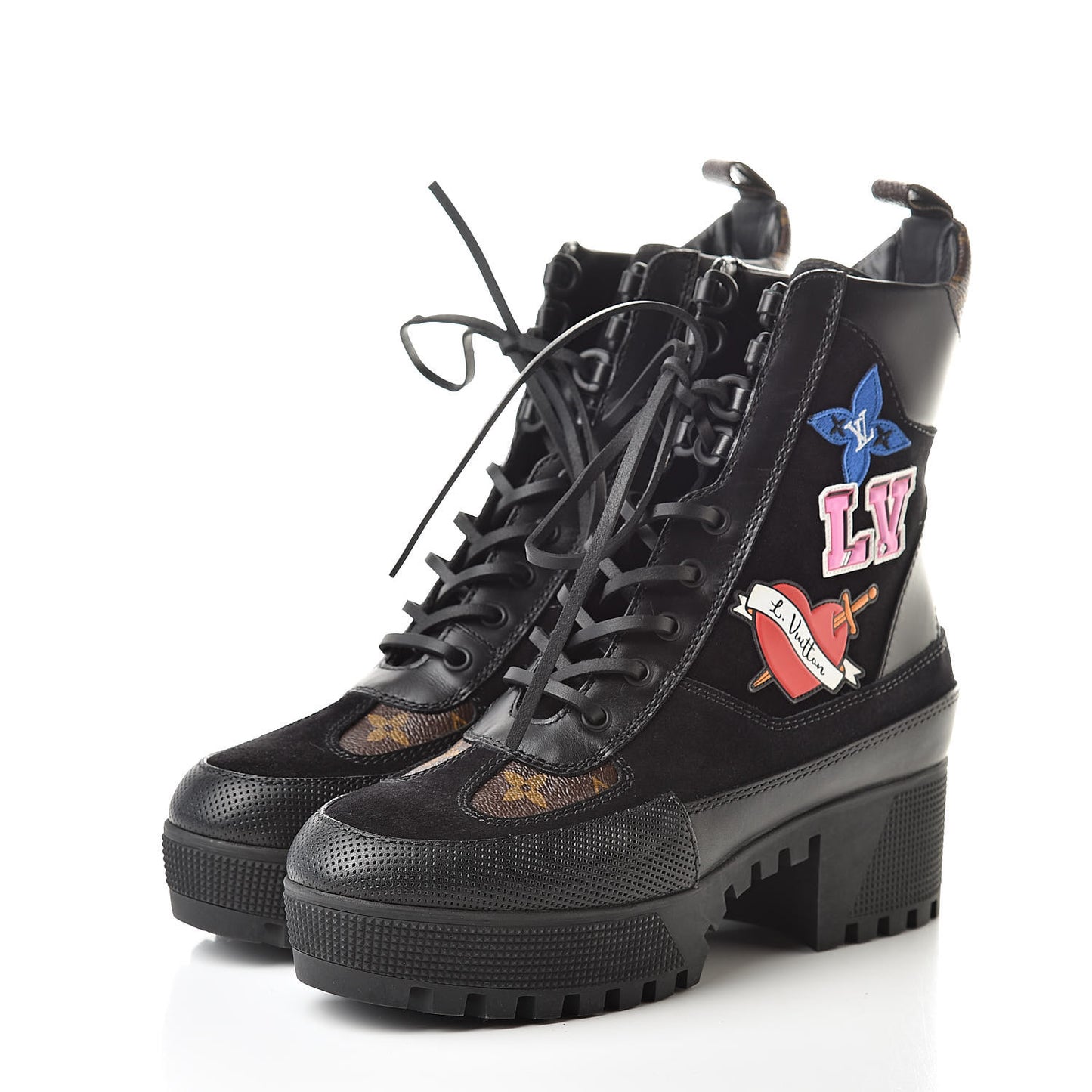 Suede Calfskin Monogram LV Black Heart Laureate Platform Desert Boots 37.5 Black