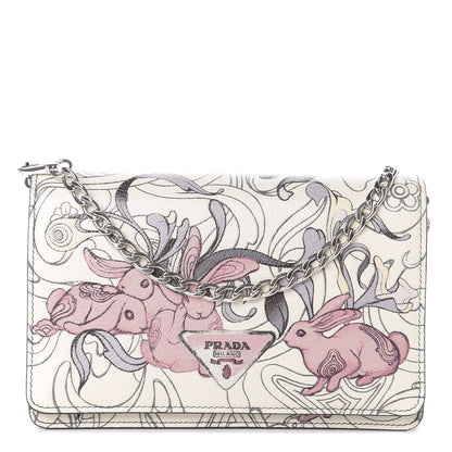 Prada X JAMES JEAN Glace Calfskin Rabbit Print Wallet On Chain Opaline 1 of 8
