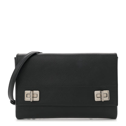 Prada Saffiano Cuir Twist Lock Chain Flap Crossbody Bag Black 1 of 11