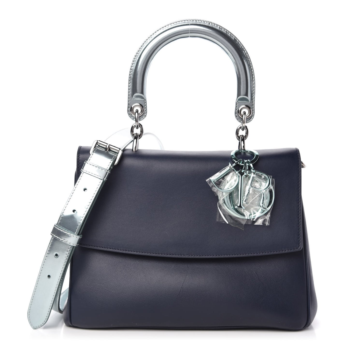 Metallic Patent Smooth Calfskin Small Be Dior Flap Navy Light Blue