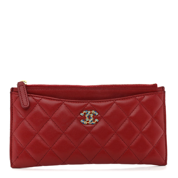CHANEL 赤 レザー ケース Chanel Lambskin Enamel Quilted Classic Zip Pouch Red 1795932