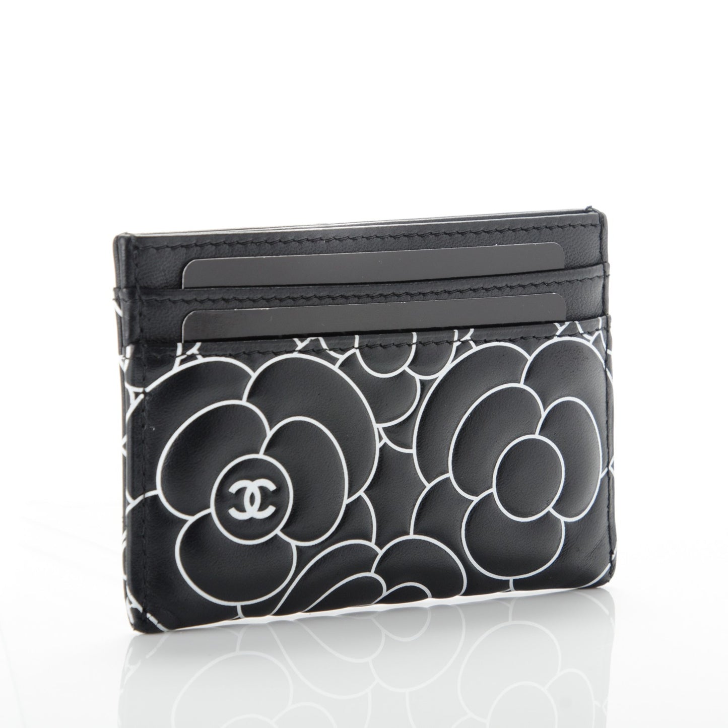 Lambskin Camellia Embossed Card Holder Black White