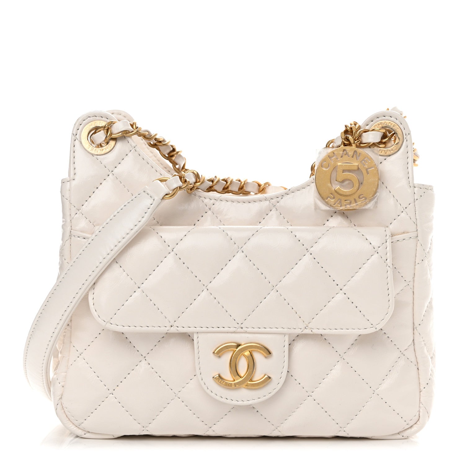 Chanel Shiny Crumpled Calfskin Quilted Small Wavy CC Hobo White 1 of 12