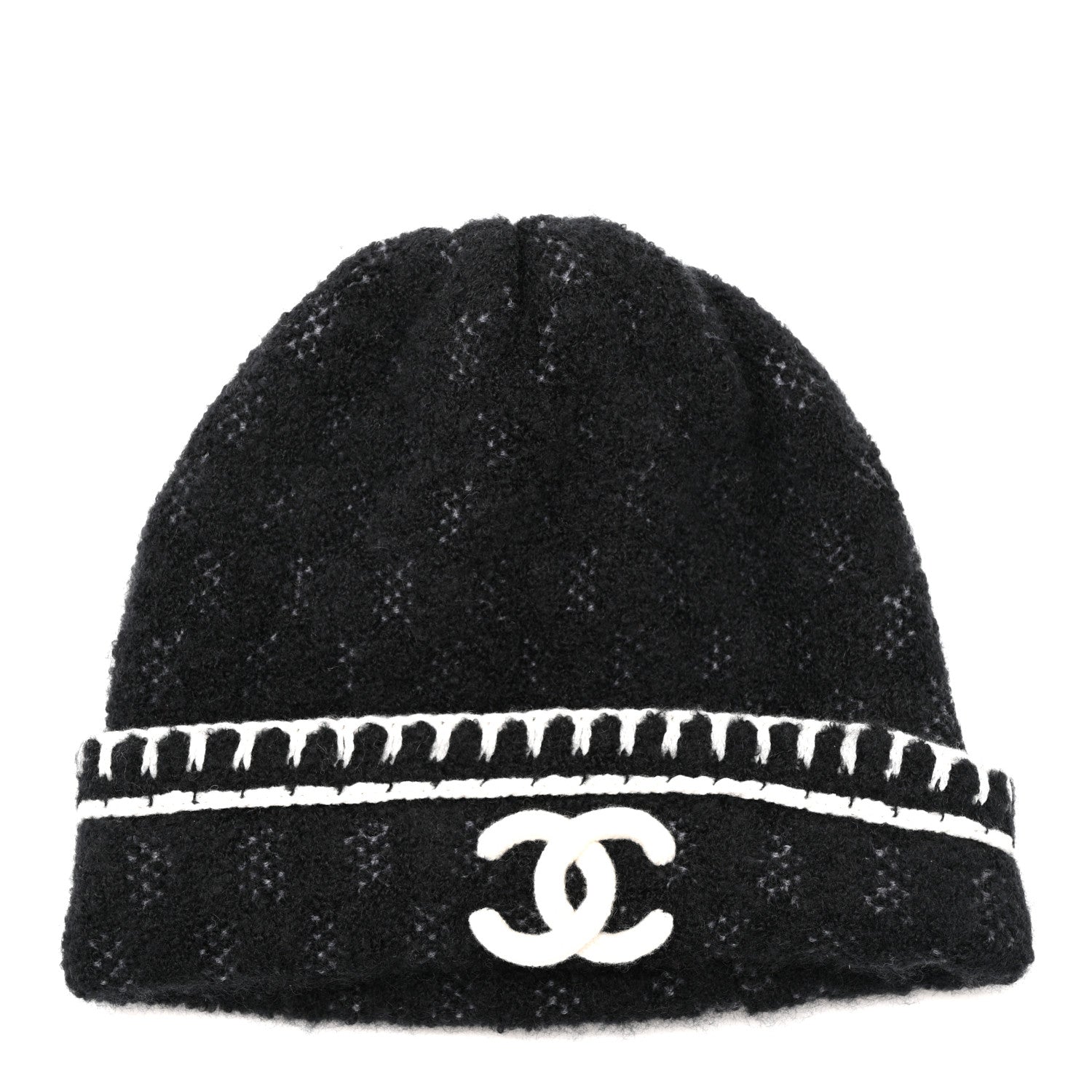 Chanel Cashmere Wool CC Beanie Hat Black Light Beige 1 of 5