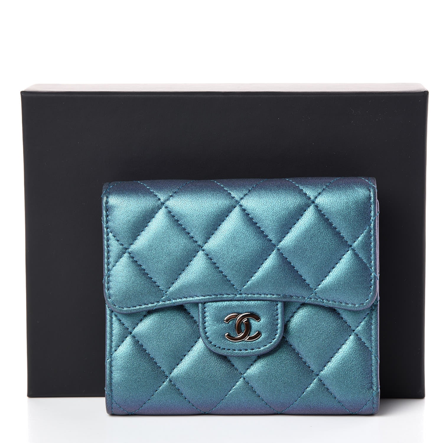 Chanel Iridescent Lambskin Quilted Small Compact Wallet Turquoise 8 of 9