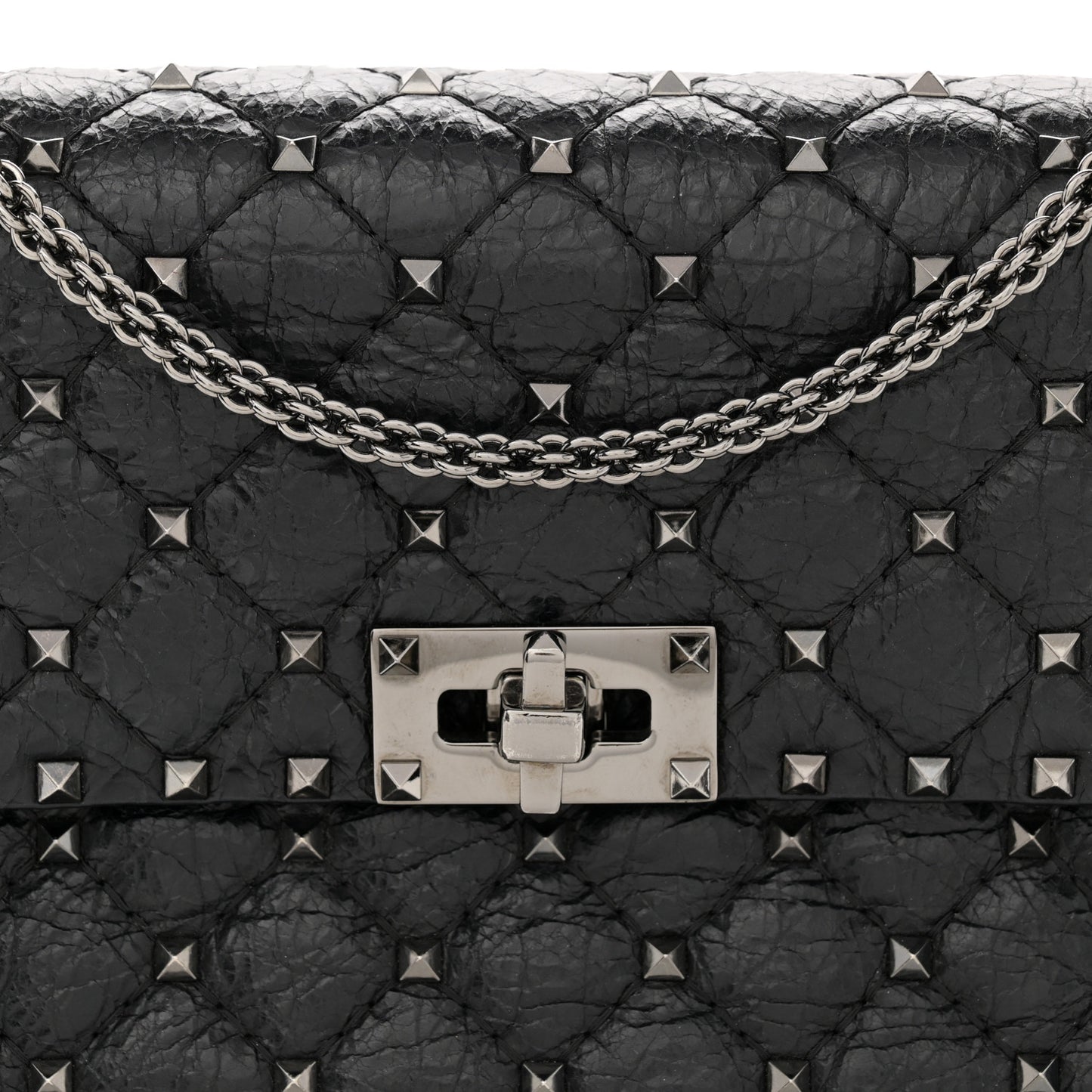 Craquele Nappa Medium Rockstud Spike Shoulder Bag Black