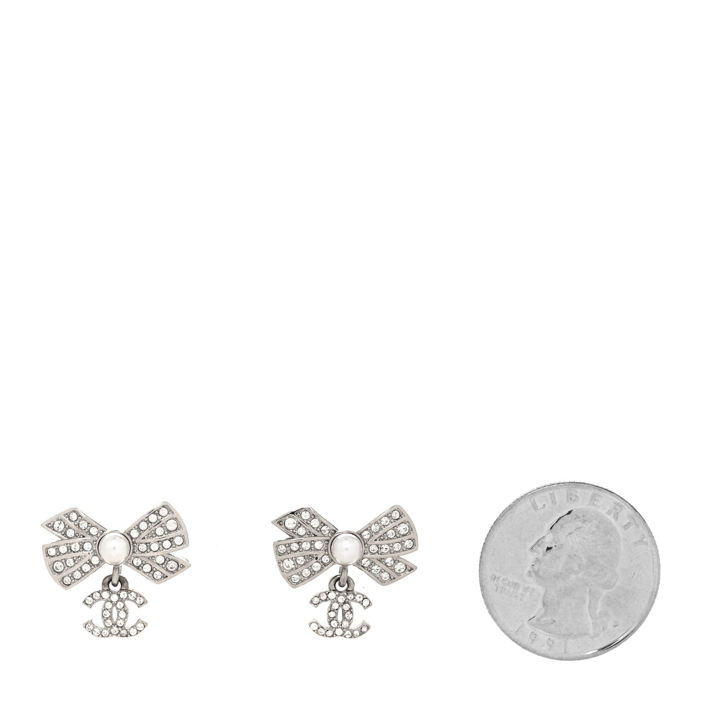 Crystal Pearl Bow CC Drop Earrings Silver