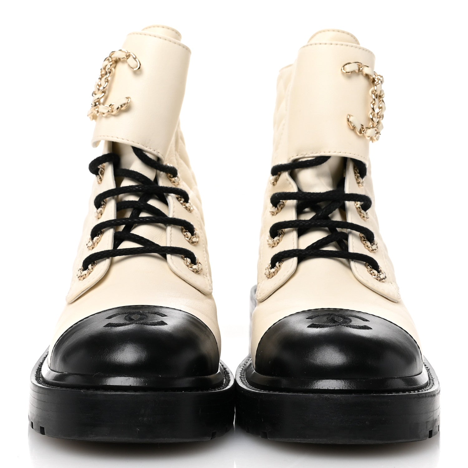 Chanel Shiny Calfskin Quilted Lace Up Combat Boots 37.5 Ivory Black 3 of 11