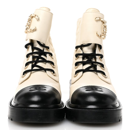 Chanel Shiny Calfskin Quilted Lace Up Combat Boots 37.5 Ivory Black 3 of 11