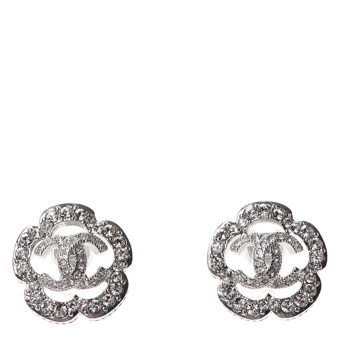 Crystal Coco Flapper Camellia CC Stud Earrings Silver