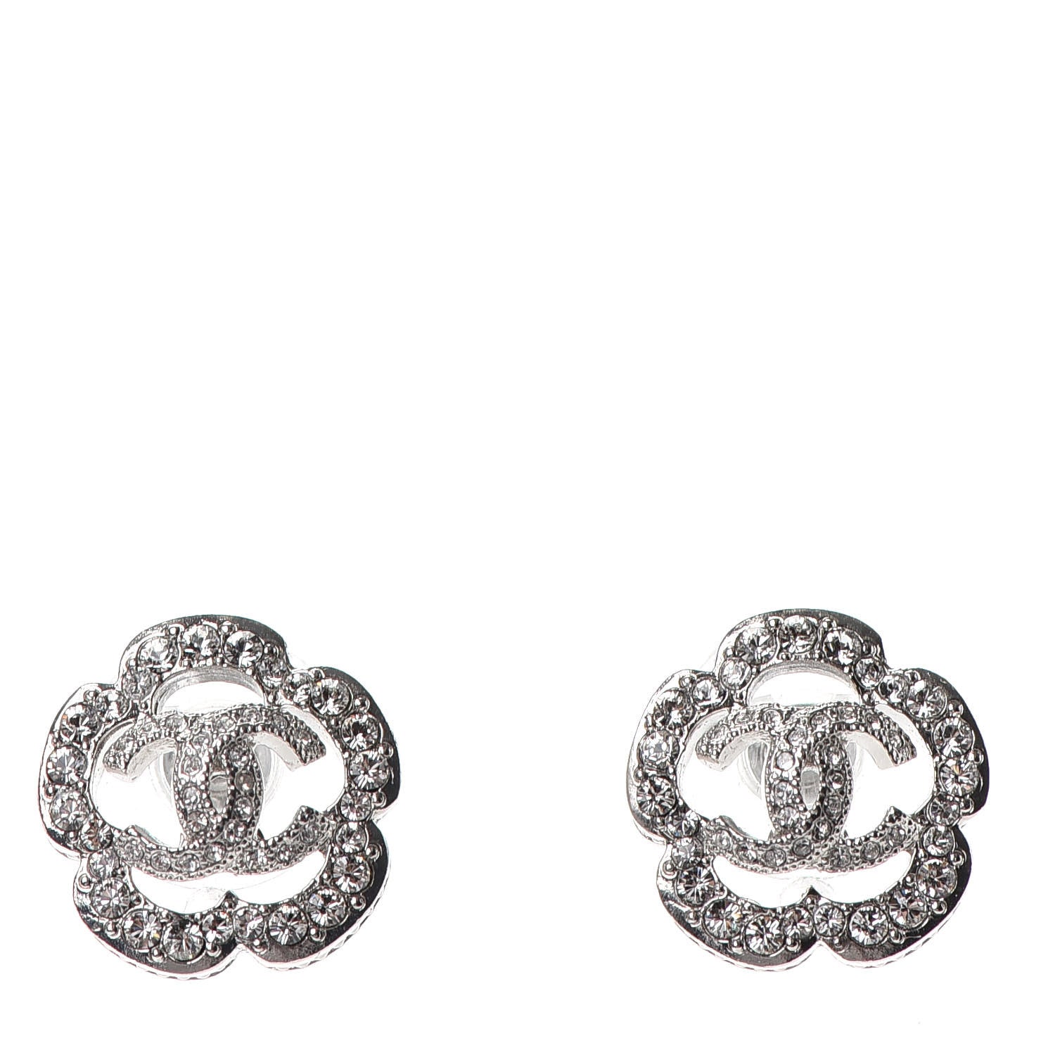 Chanel Crystal Coco Flapper Camellia CC Stud Earrings Silver 1 of 4