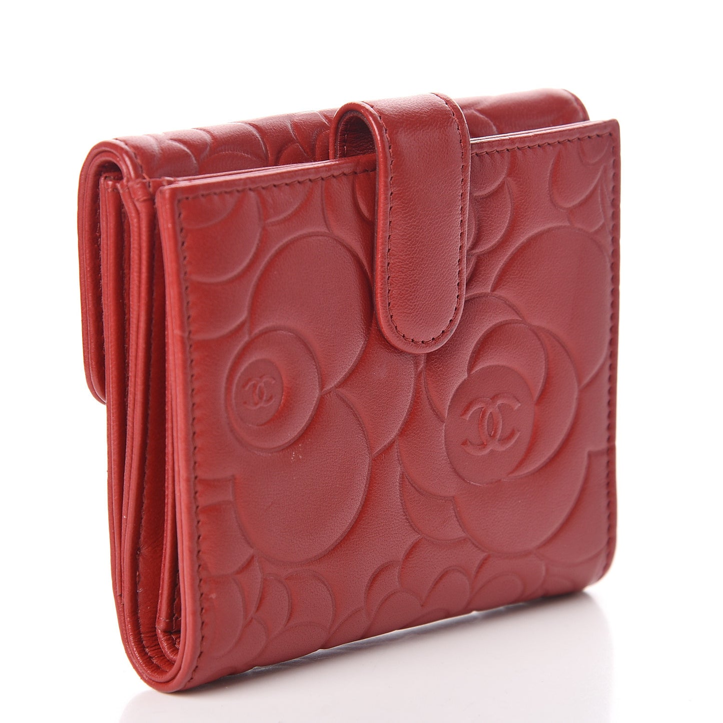 Lambskin Camellia Embossed French Wallet Dark Red