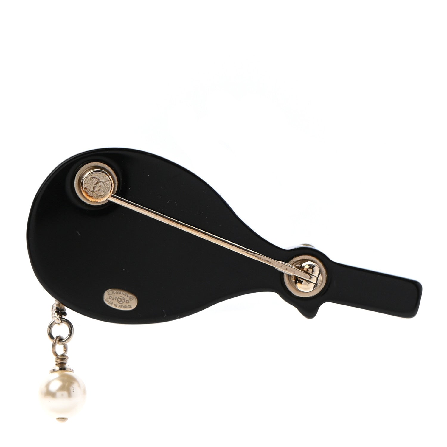 Chanel Pearl Strass Resin Crystal CC Tennis Racket Brooch Gold Black Pearly White 3 of 6