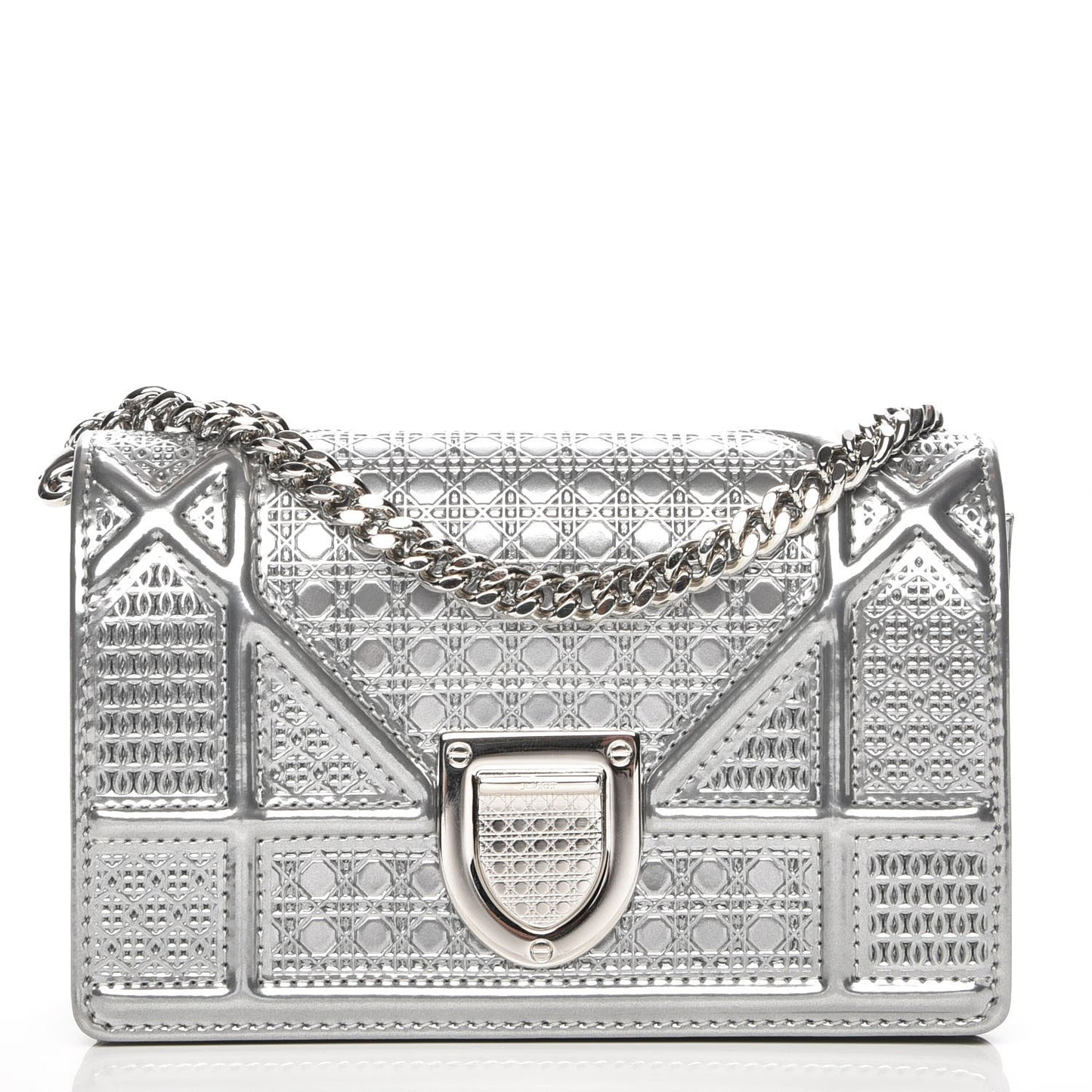 Metallic Patent Micro-Cannage Baby Diorama Flap Bag Silver