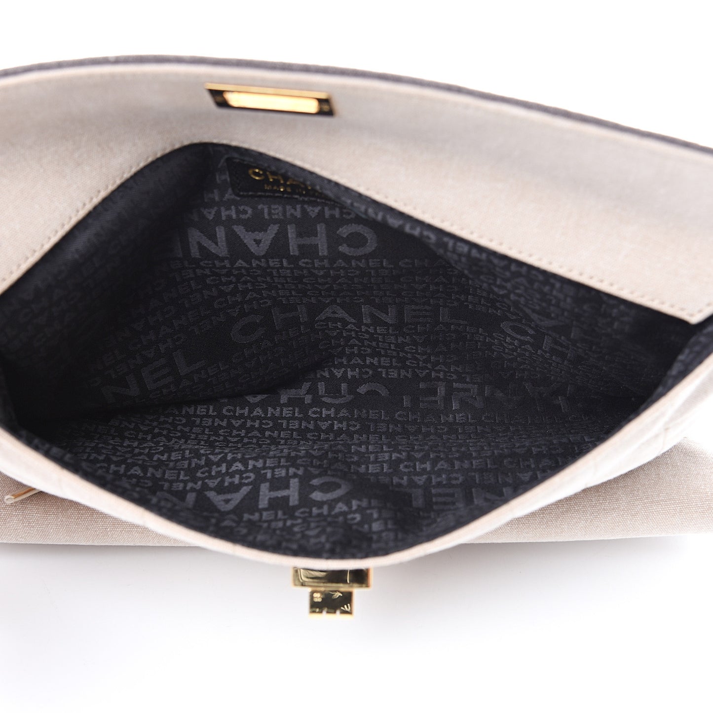 Canvas Chocolate Bar Mademoiselle Double Flap Clutch Beige Brown