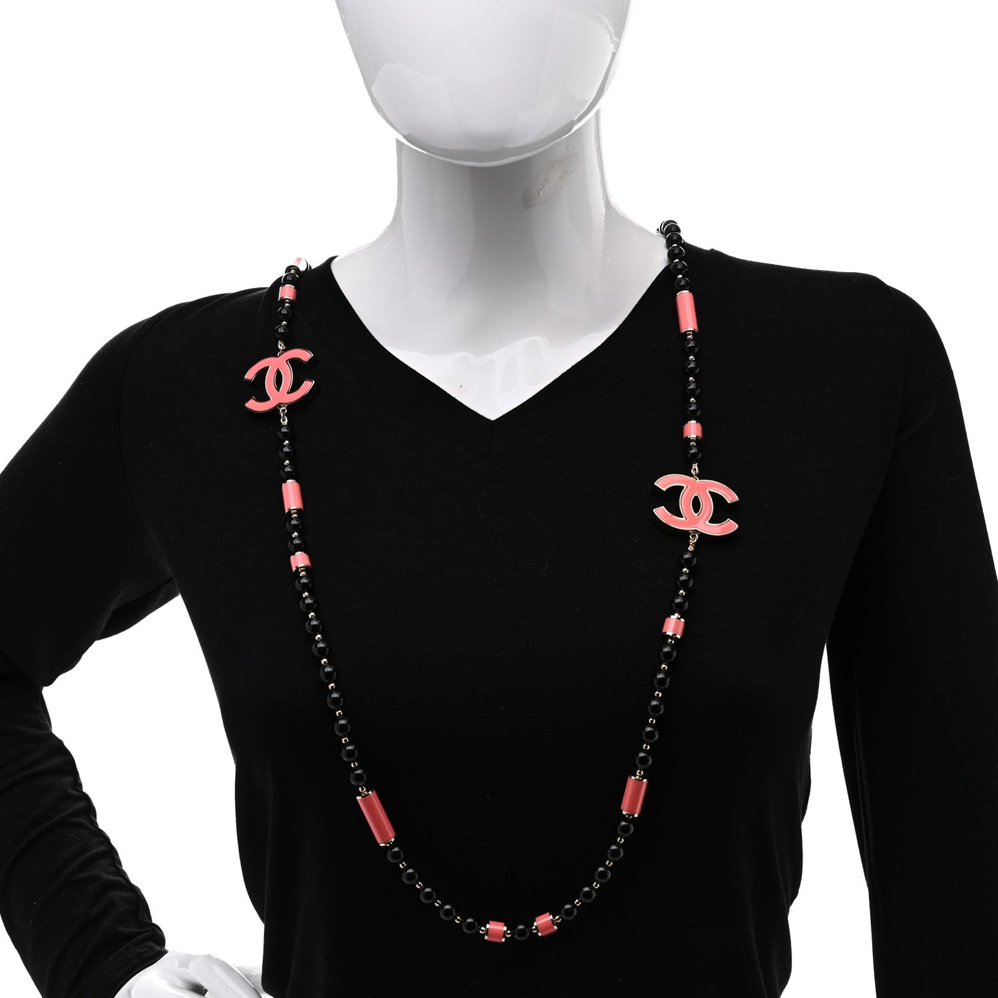 Enamel Bead CC Long Necklace Pink Black