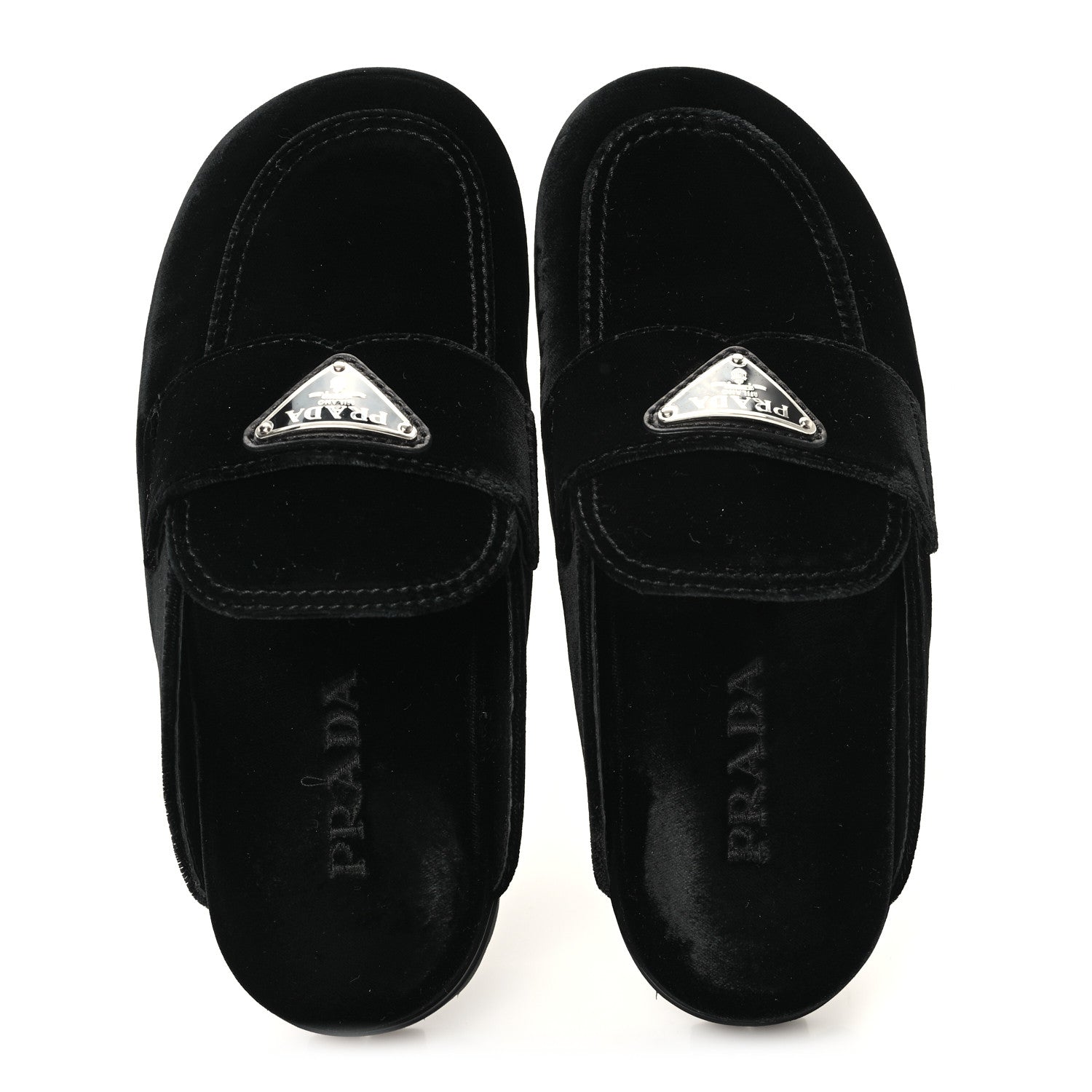Prada Velluto Metal Triangle Logo 20mm Flat Mules 35 Black 2 of 10