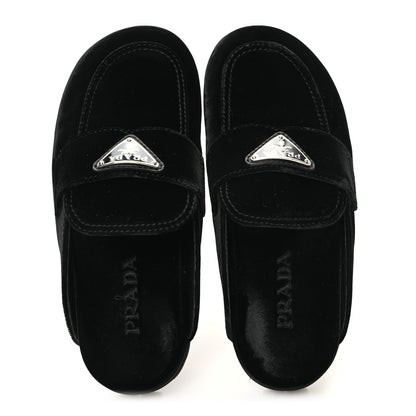Prada Velluto Metal Triangle Logo 20mm Flat Mules 35 Black 2 of 10