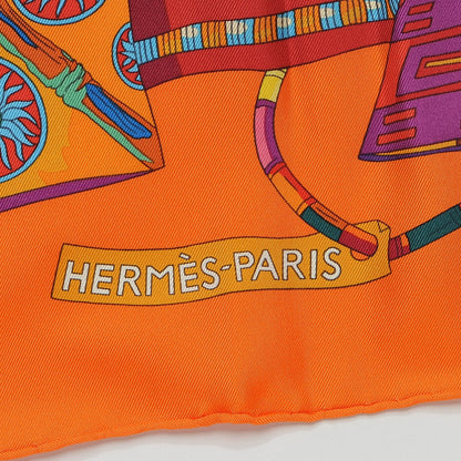 Hermes Silk Voyage En Etoffes Scarf 90 Orange Violet Jaune 4 of 6