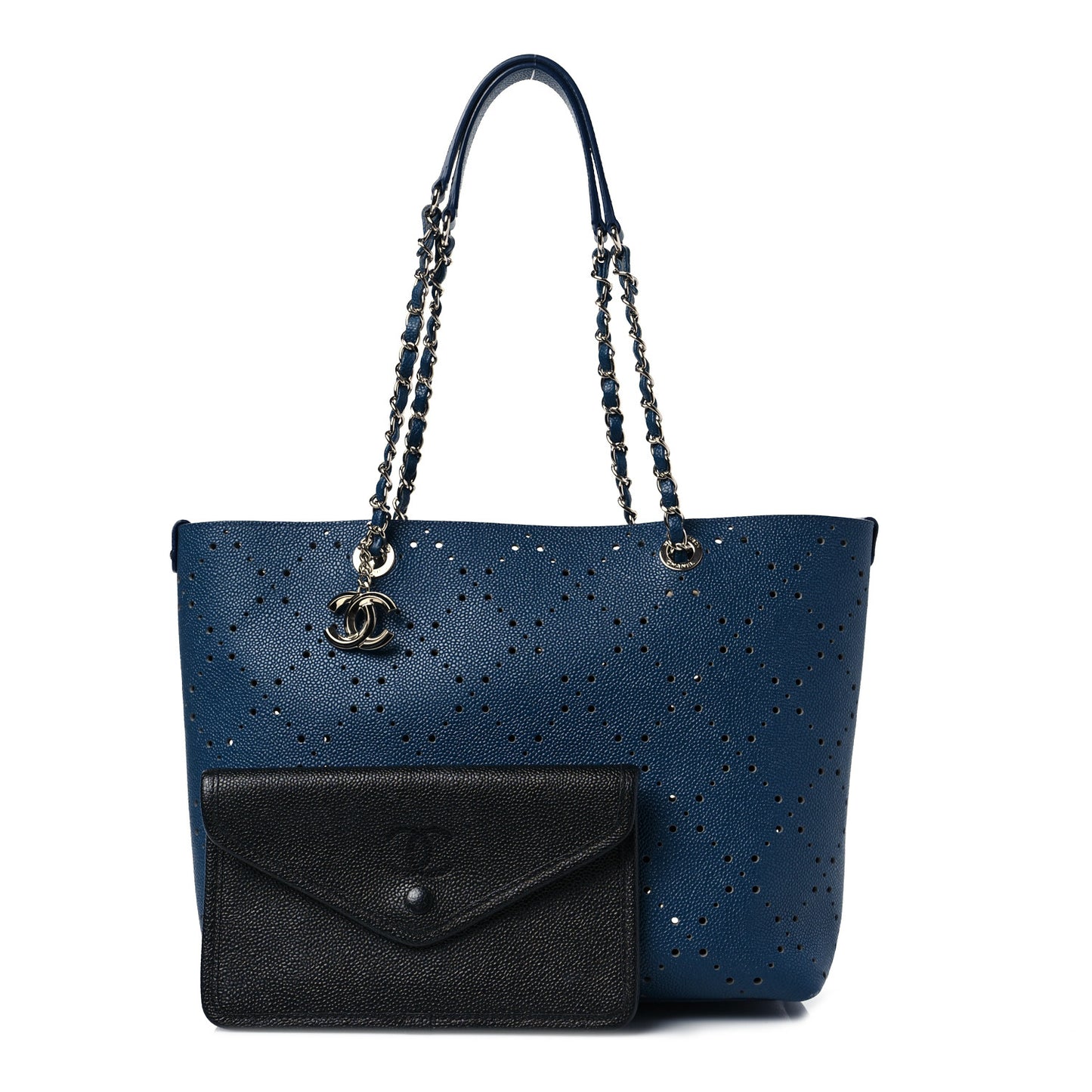 Perforated Grained Calfskin Large Shopping Tote Blue