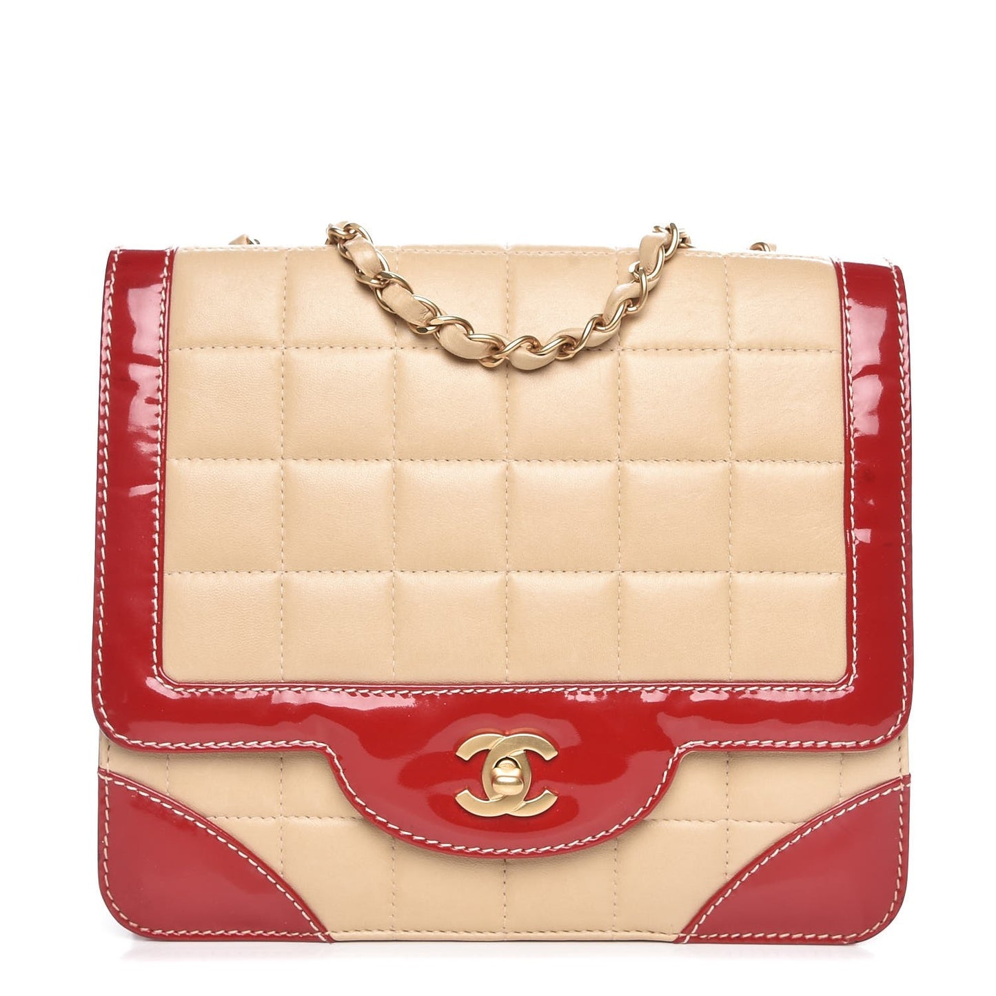 Lambskin Patent Chocolate Bar Flap Beige Red