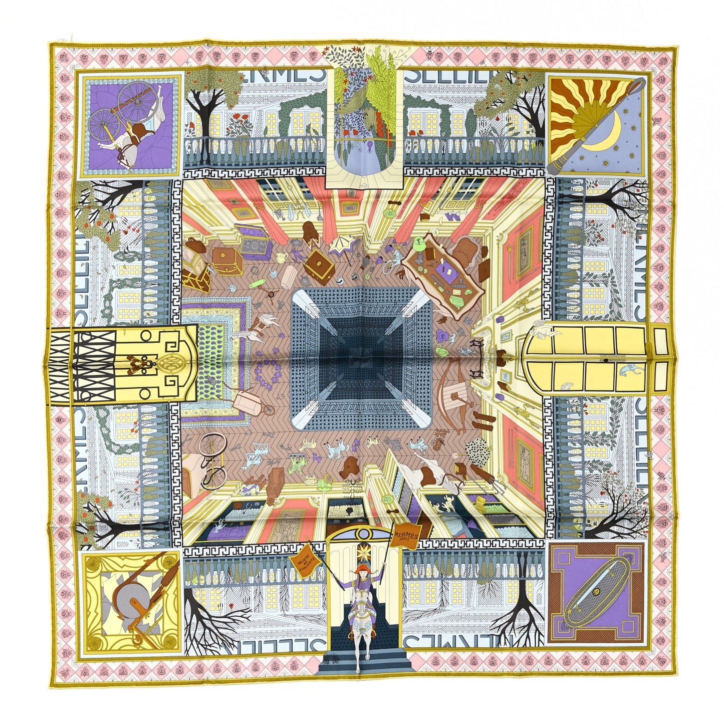Silk Objets De Curiosite Scarf 90 Bleu Gris Jaune Soufre Rose