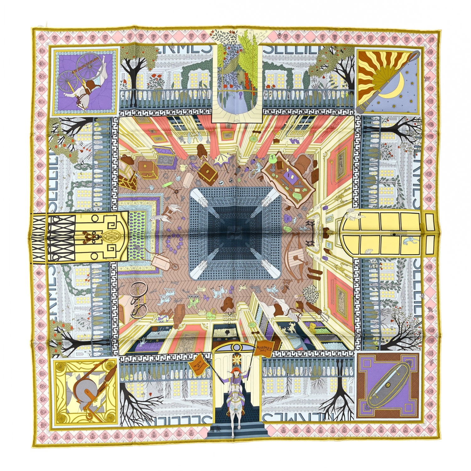 Hermes Silk Objets De Curiosite Scarf 90 Bleu Gris Jaune Soufre Rose 1 of 5