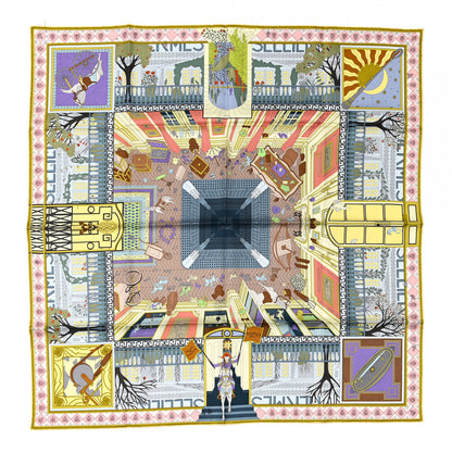 Hermes Silk Objets De Curiosite Scarf 90 Bleu Gris Jaune Soufre Rose 1 of 5