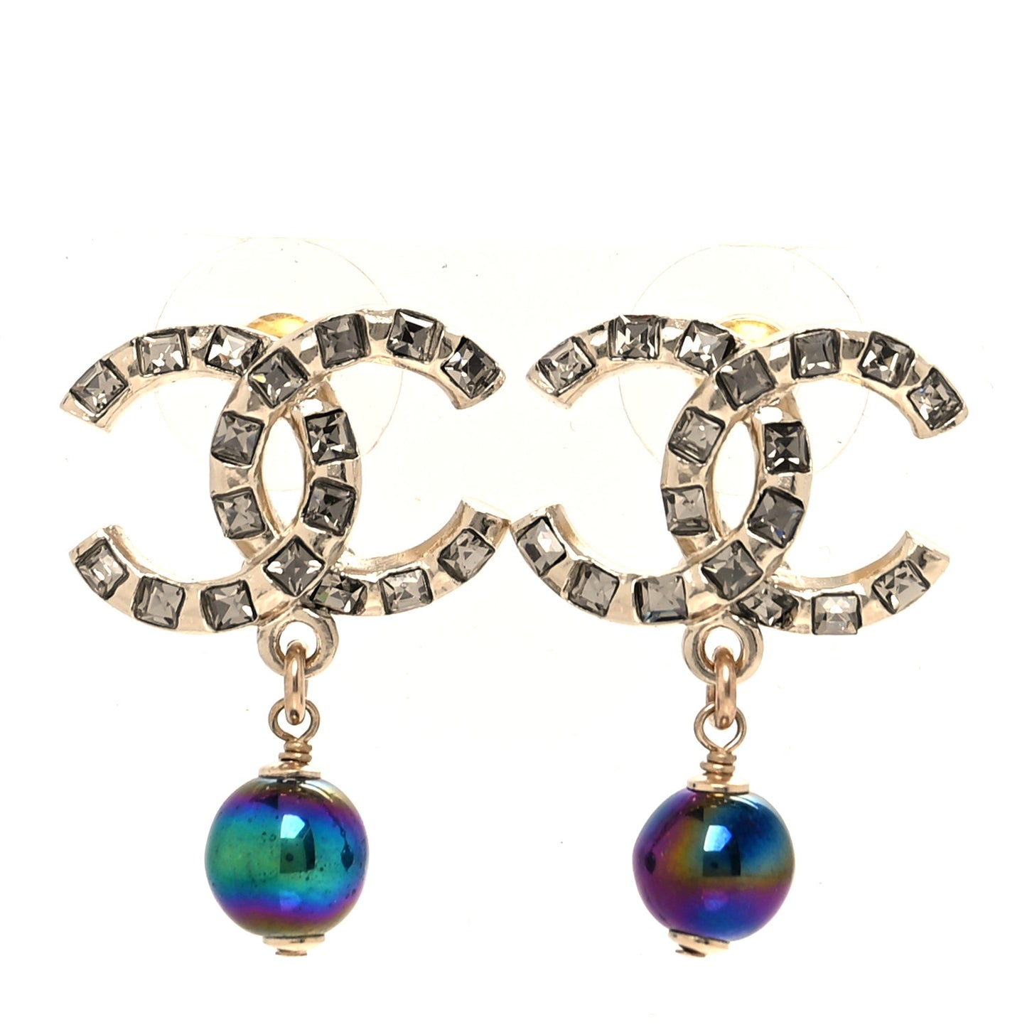 Metal Pearl Crystal CC Drop Earrings Gold Purple Gray