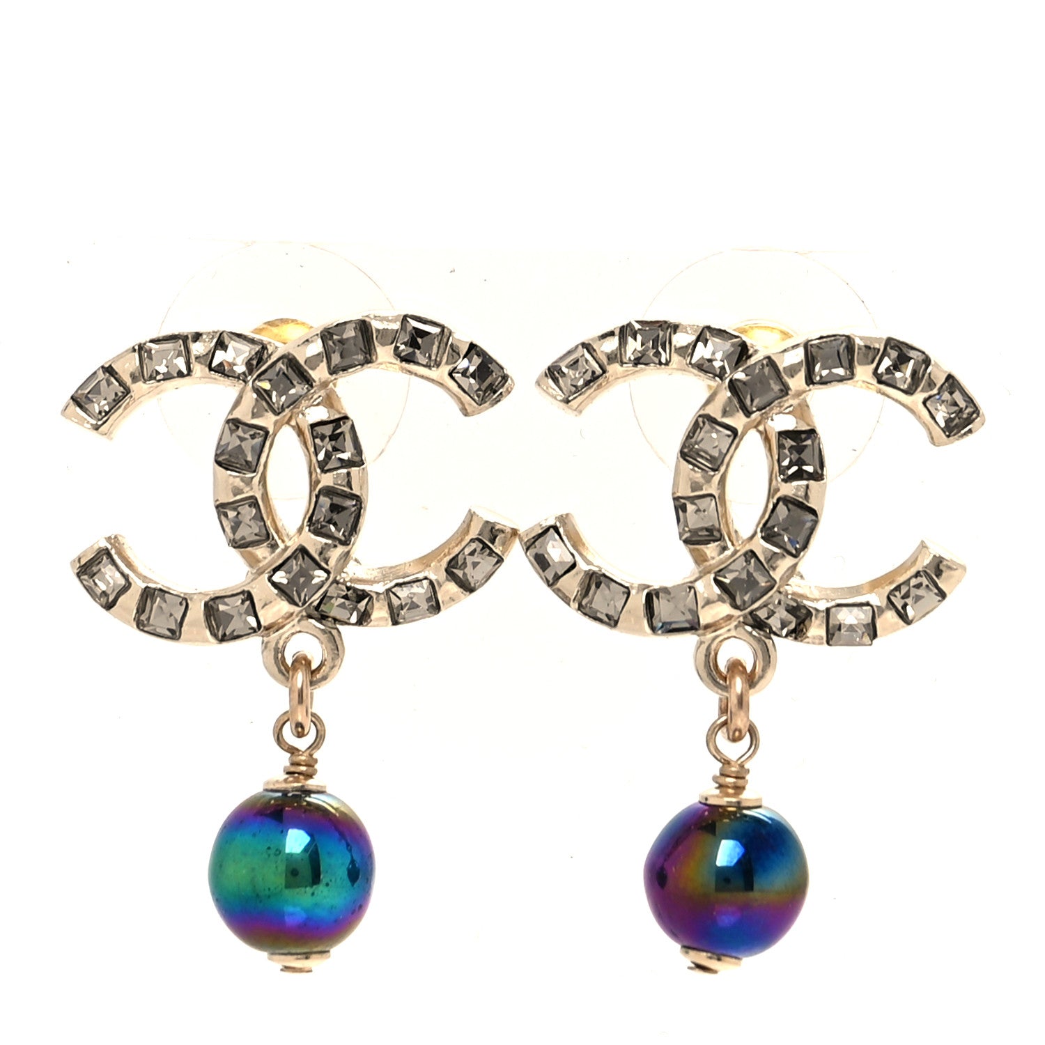 Chanel Metal Pearl Crystal CC Drop Earrings Gold Purple Gray 1 of 5
