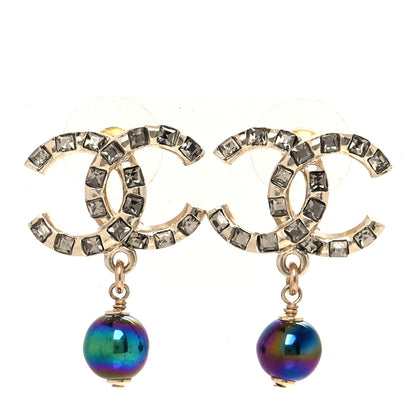 Chanel Metal Pearl Crystal CC Drop Earrings Gold Purple Gray 1 of 5