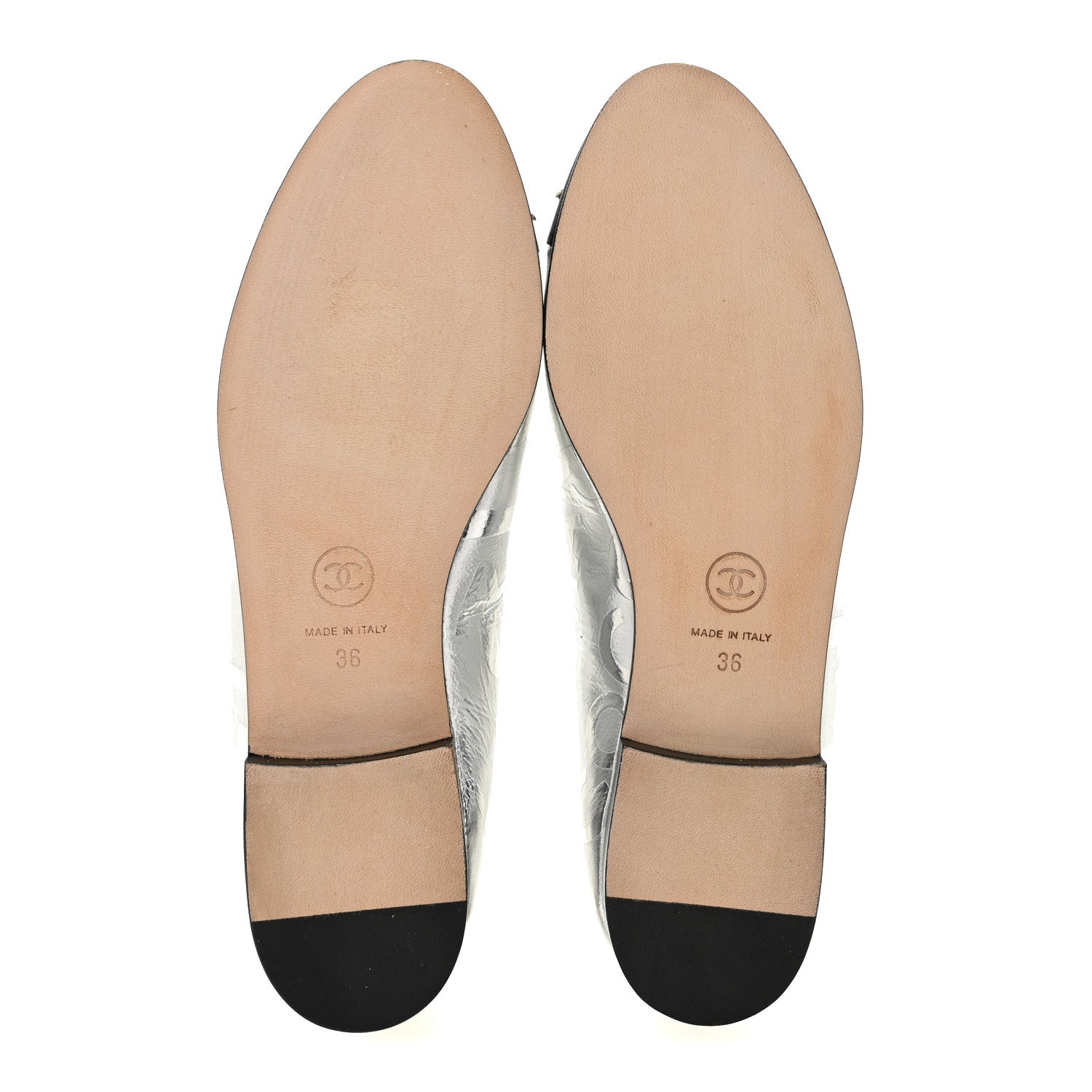 Chanel Laminated Goatskin Grosgrain Cap Toe CC Ballerina Flats 36 Silver Black 6 of 10