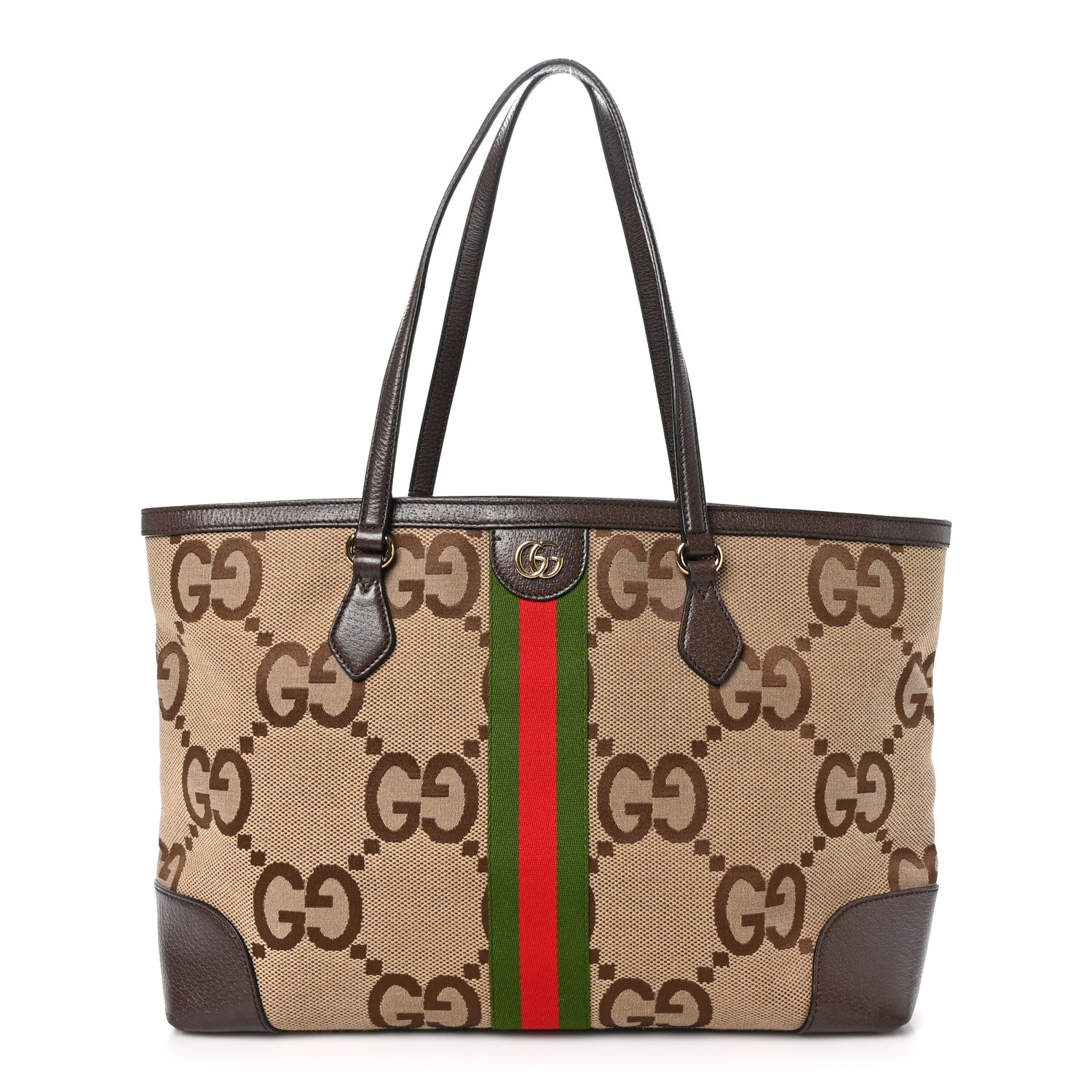Gucci Monogram Jumbo GG Textured Dollar Calfskin Web Medium Ophidia Shopping Tote Camel Ebony 1 of 10