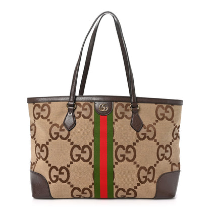 Gucci Monogram Jumbo GG Textured Dollar Calfskin Web Medium Ophidia Shopping Tote Camel Ebony 1 of 10