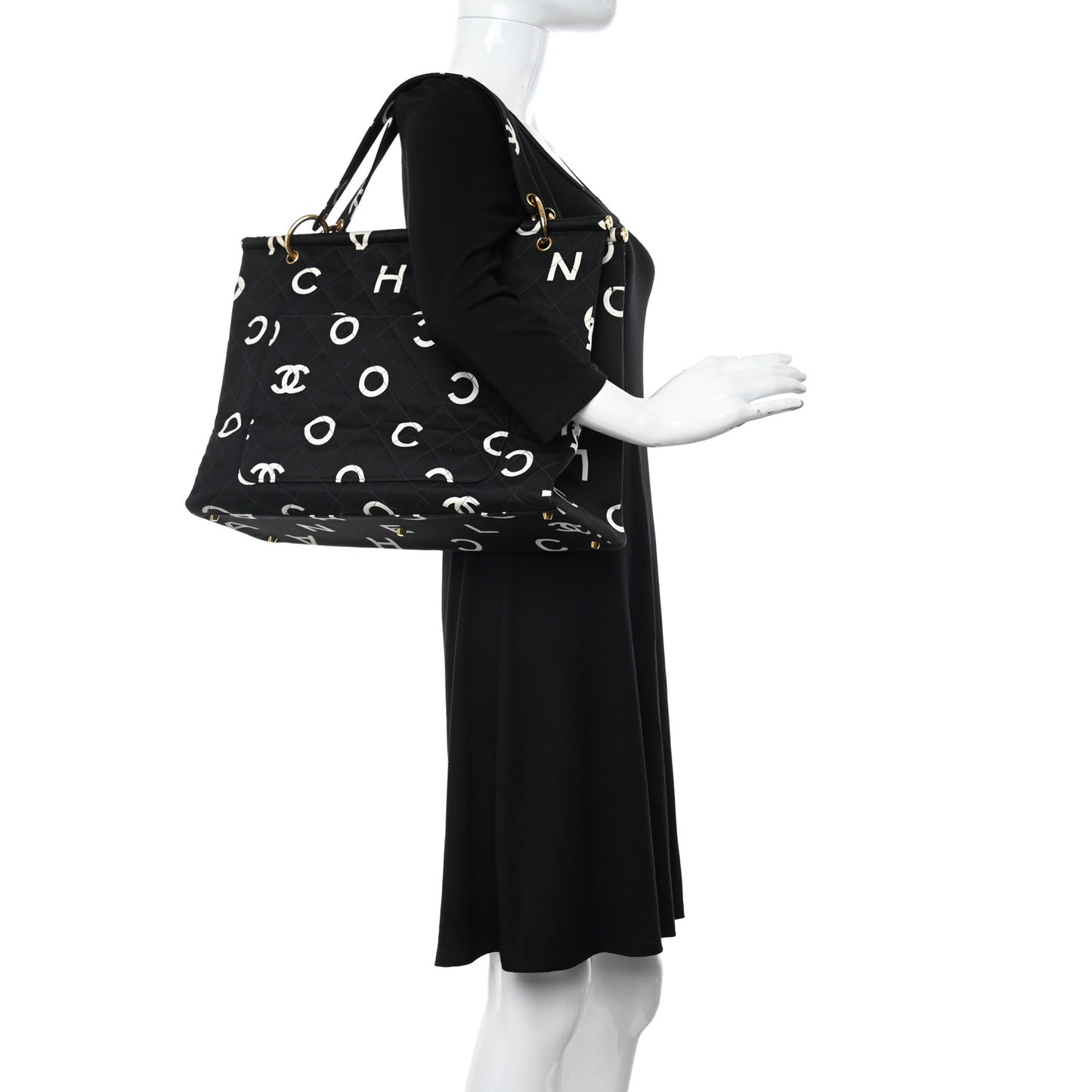 Canvas Printed Quilted Logo Tote Black White