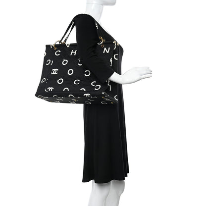 Chanel Canvas Printed Quilted Logo Tote Black White 2 of 11
