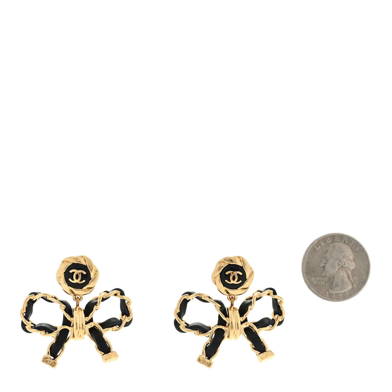 Chanel Lambskin Chain Bow Drop Earrings Black Gold 2 of 4