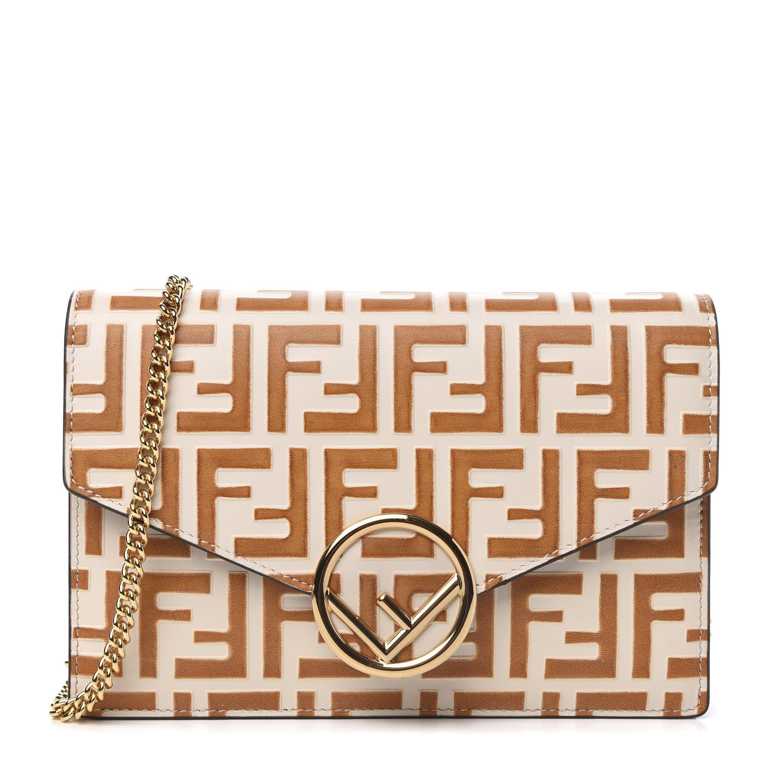 Fendi Vitello Soft F is Fendi Bi-Color FF 1974 Embossed Medium Envelope Wallet On Chain Camelia Saddler 1 of 10