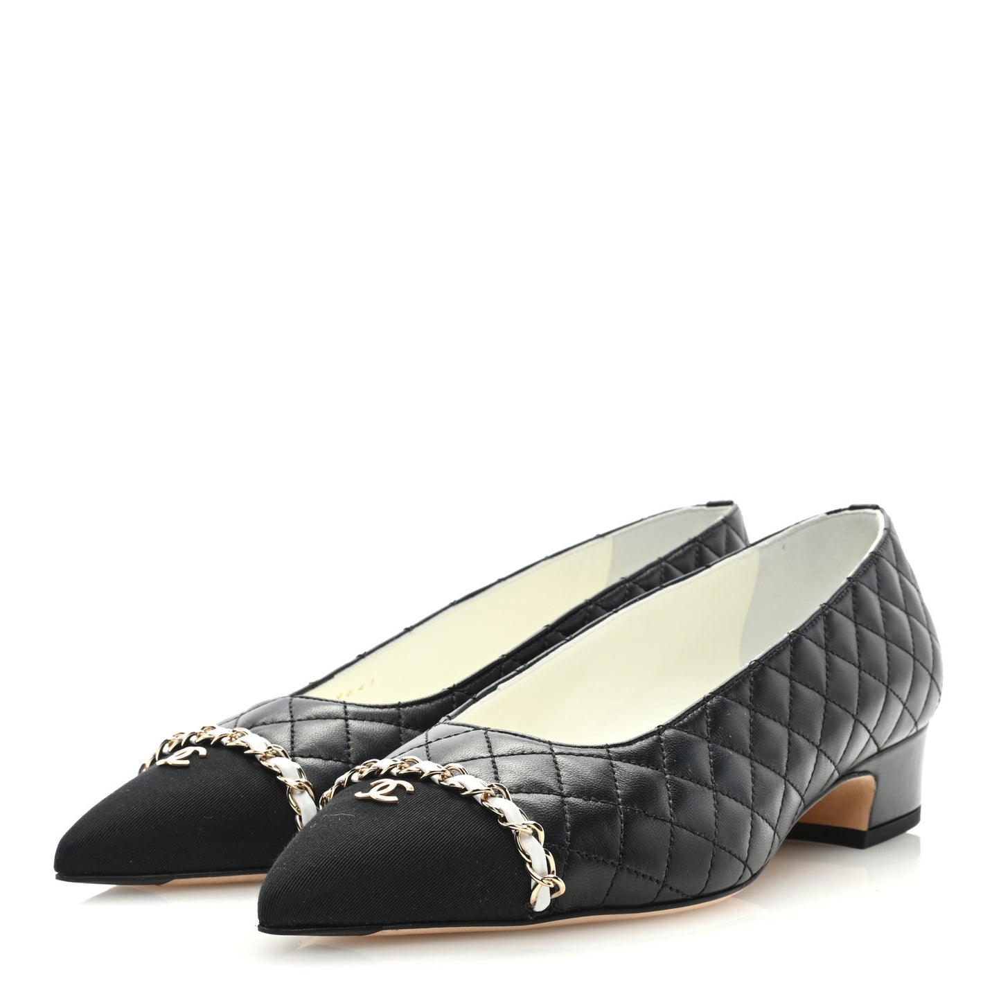 Lambskin Grosgrain Metal Quilted Chain Cap Toe CC Pumps 40 Black