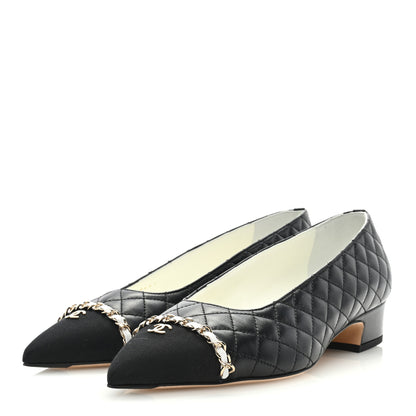 Chanel Lambskin Grosgrain Metal Quilted Chain Cap Toe CC Pumps 40 Black 3 of 9