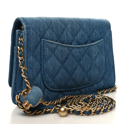 Chanel Denim Quilted CC Pearl Crush Wallet on Chain WOC Blue 3 of 14