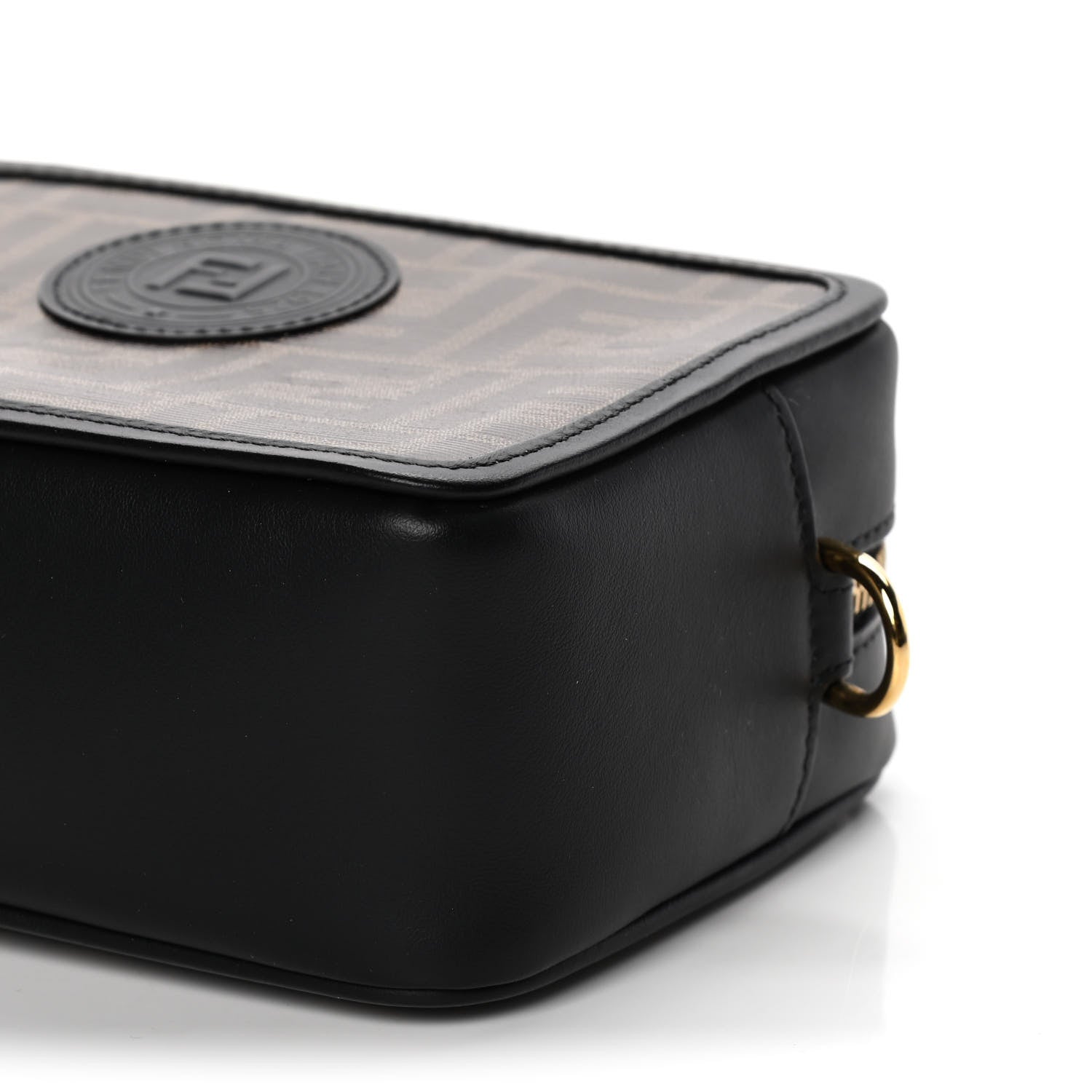 Fendi Glazed Fabric Vitello Century FF 1974 Stamp Patch Mini Camera Case Mogano Panna Black 9 of 10