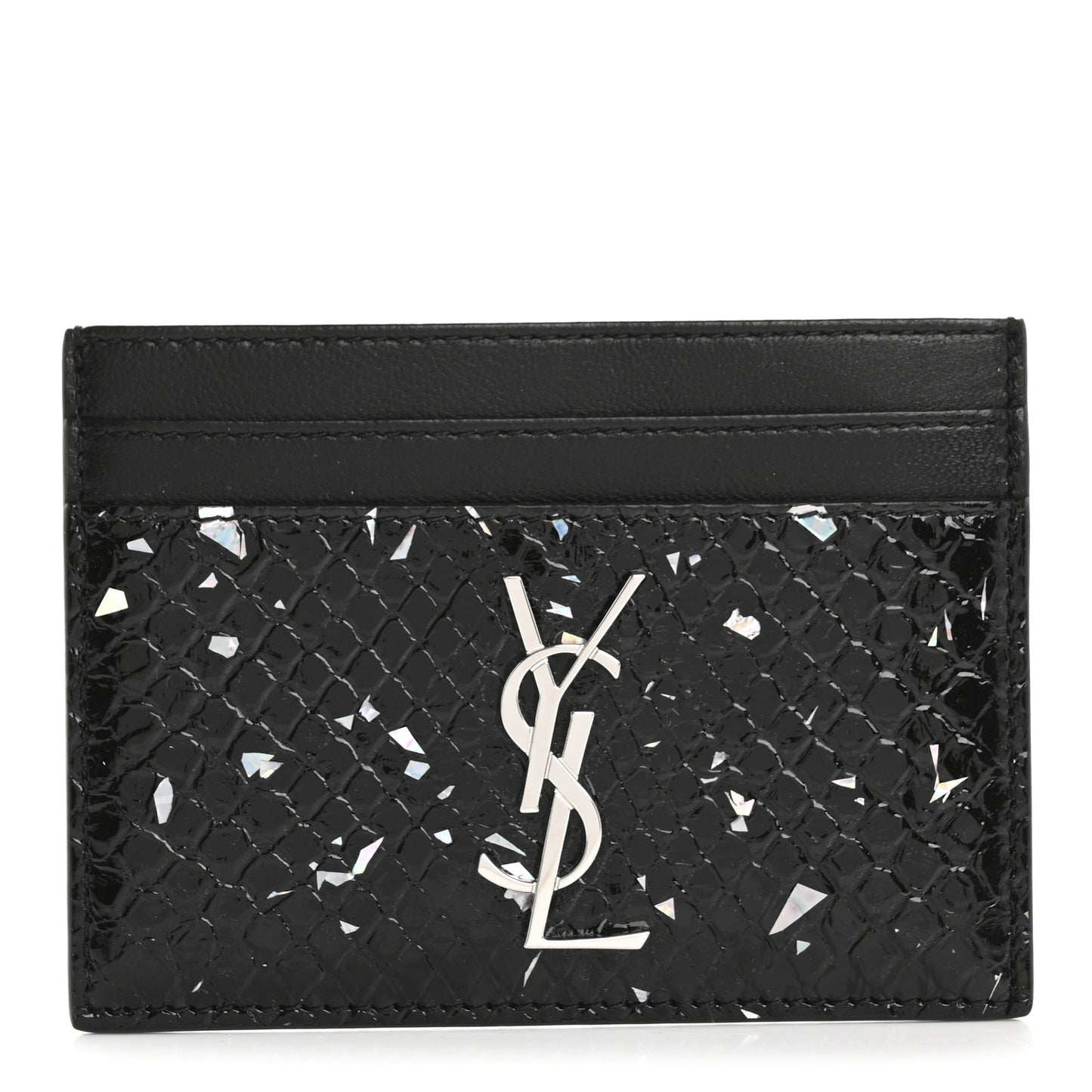 Patent Snakeskin Glitter Monogram Credit Card Case Black
