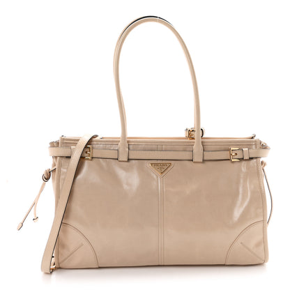 Prada Glossy Calfskin Triangle Large Bonnie Shoulder Bag Travertine 1 of 10
